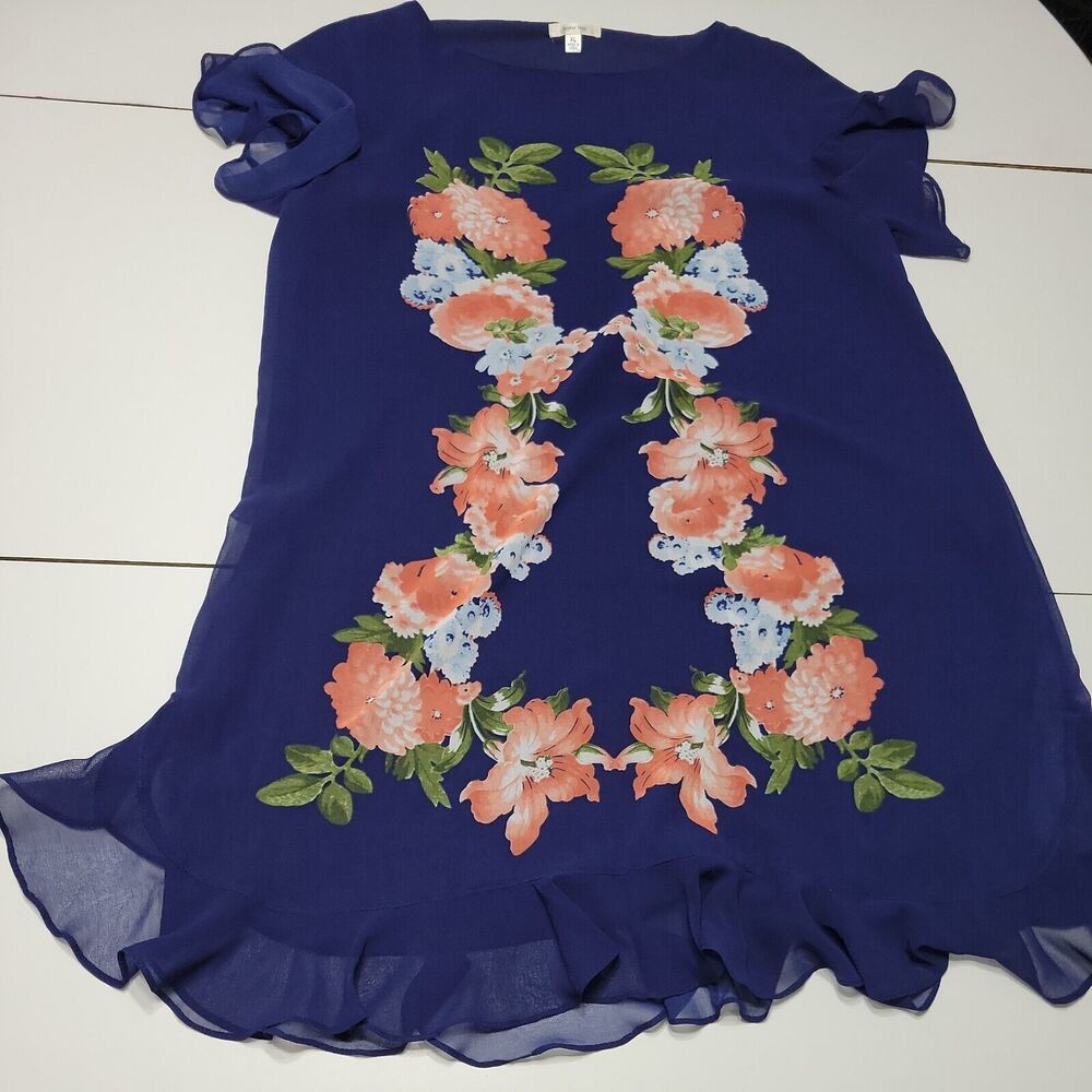 Sophie Max Shirt Dress Womens XL Blue Lined Floral Short Sleeve Sheer Ruffle Top